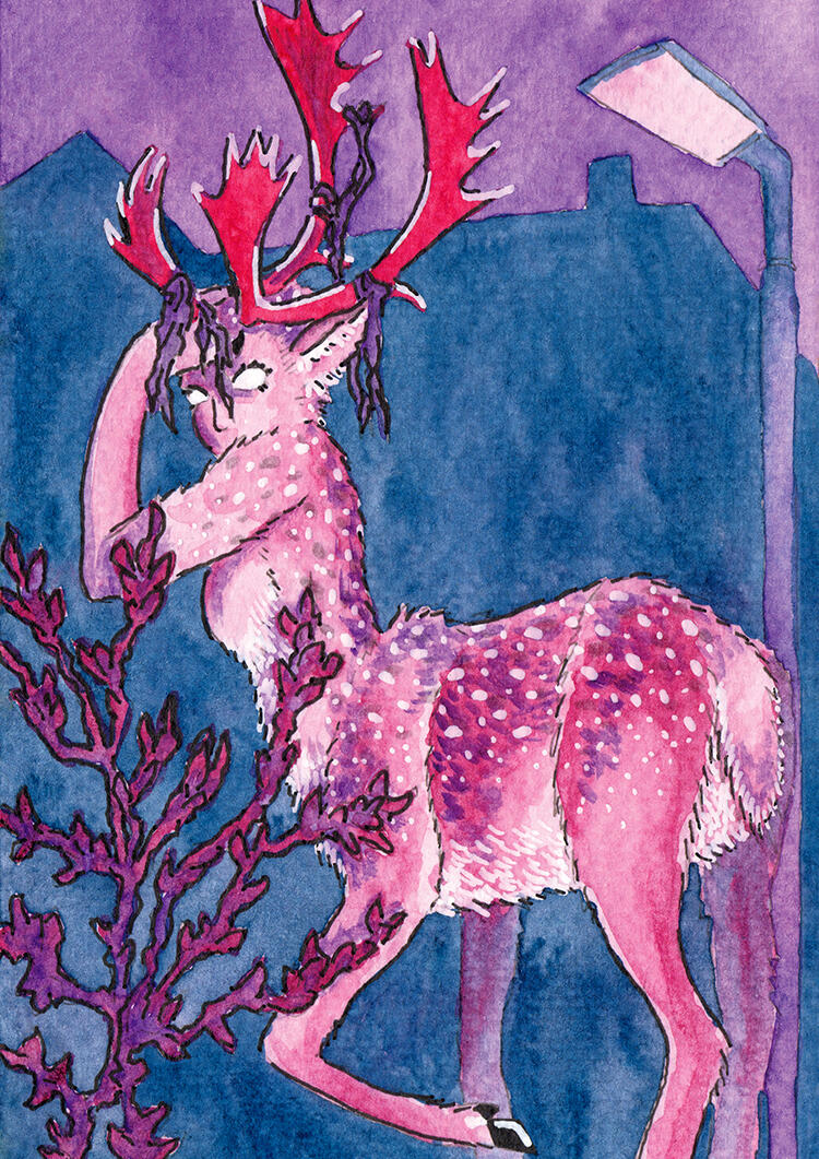 “Deer in Headlights”, Personal Work, 2022, Watercolour, Fineliner & Gel Pen