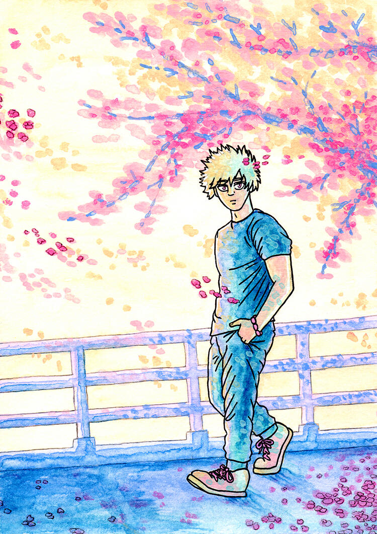 "Sakura", Personal Work, 2025, Watercolour, Noodler's Ink & POSCA Marker