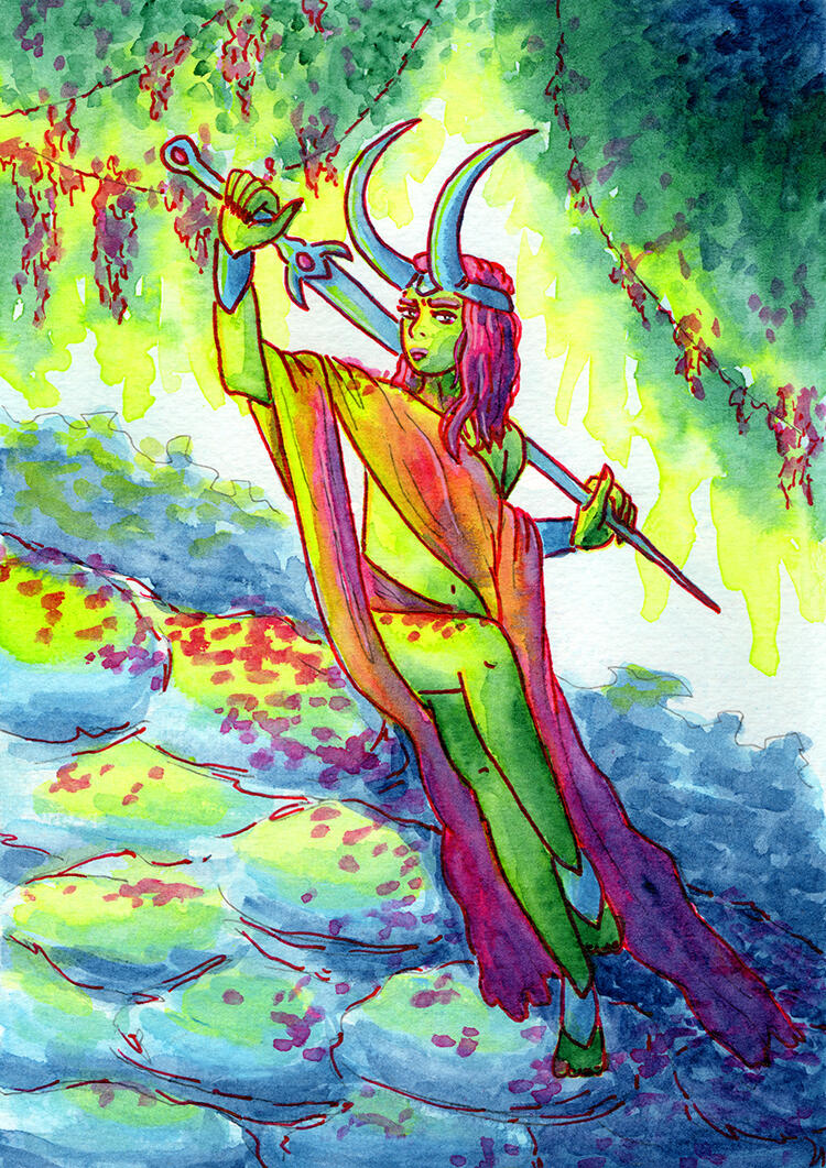 "Horns", Personal Work, 2026, Watercolour, Noodler's Ink & POSCA Marker